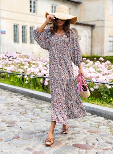 Image of miduo Womens Loose Fit Casual Summer V Neck Half Sleeve Bohemian Geometric Pattern Maxi Long Dresses