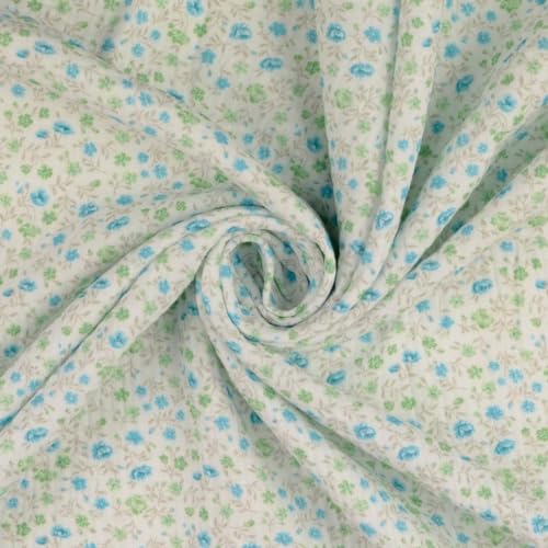 Mousseline de coton double gaze turquoise à fleurs, tissu doux poétique 5m