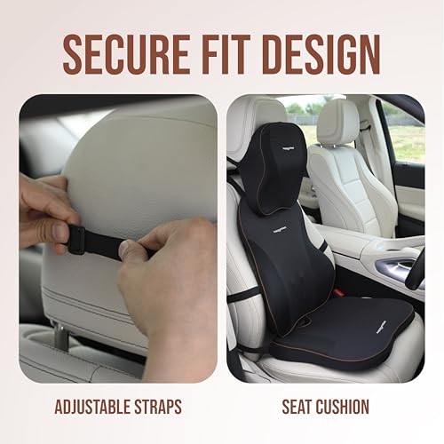Image of Memory Foam Car Comfort Combo | 3 Piece Cushions Set (Backrest, Seat Cushion, Headrest) | Complete Orthopedic Travel Kit for Road Trips & Daily Commute (Black)