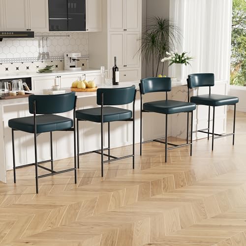 Image of Bar Stools Set of 4, Faux Leather Counter Height Barstools with Curved Back, 25 Inch Upholstered Bar Chairs, Modern Counter Stools for Kitchen lsland, Dark Blue
