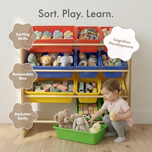 Image of Tot Tutors Kids' Toy Storage Organizer with 12 Plastic Bins, Natural /Primary (Primary Collection)
