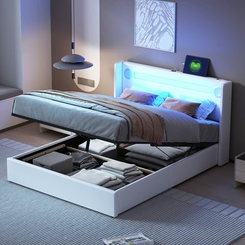 LAKFEW Camas Matrimoniales Cama 140x200 cm con USB y Luz LED, Cama Matrimonio con Reproductor Bluetooth y Almacenamiento Hidráulico, Camas Juveniles, Estructura Metálica, PU, Blanco, Sin Colchón