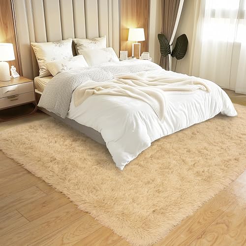 KING DARE Beige Rug for Bedroom 4x6, Fluffy Shaggy Washable Floor Area Rug, Fuzzy Furry Non-Slip Soft Plush Carpet for Living Room Playroom Kids Room Modern Aesthetic Decor