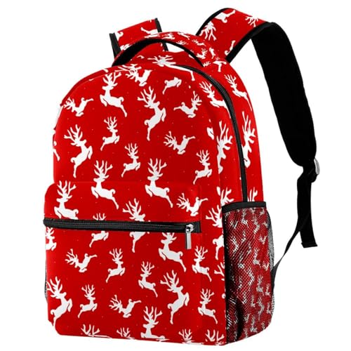 Sac à dos pour femmes adolescents filles garçons motif raindeer blanc sur rouge