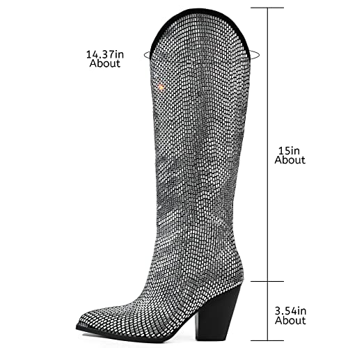 Gradinery Mirrored Rhinestone Cowboy Boots With Chunky Silver Heels Knee High Boots That Sparkle And Shine Womens Western Dance Parties And The Party2