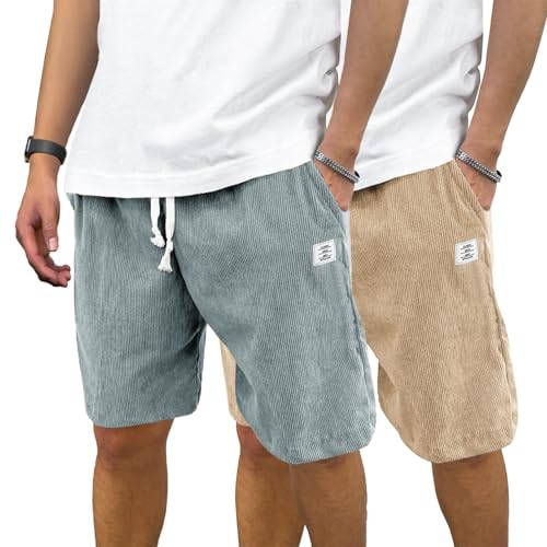 PLEPAN Mens Shorts 2 Pack - Corduroy Casual Drawstring Elastic