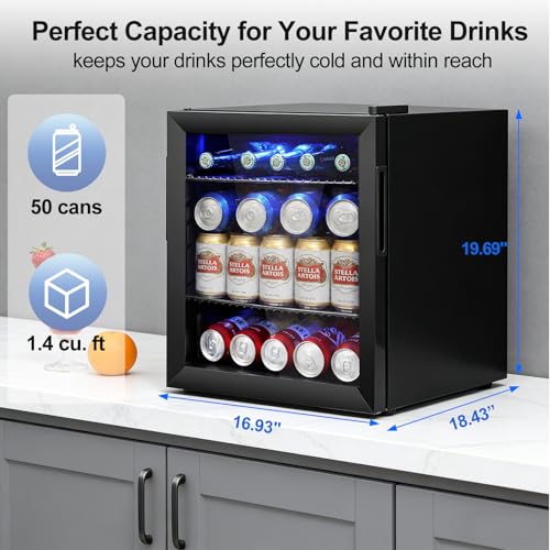 Image of 50 Can Mini Beverage Refrigerator - Small Beverage Fridge with Glass Door for Soda Beer Wine - Countertop Drink Cooler for Home, Dorm, Office or Bar, Electronic Temperature Control,1.4cu.ft.Black