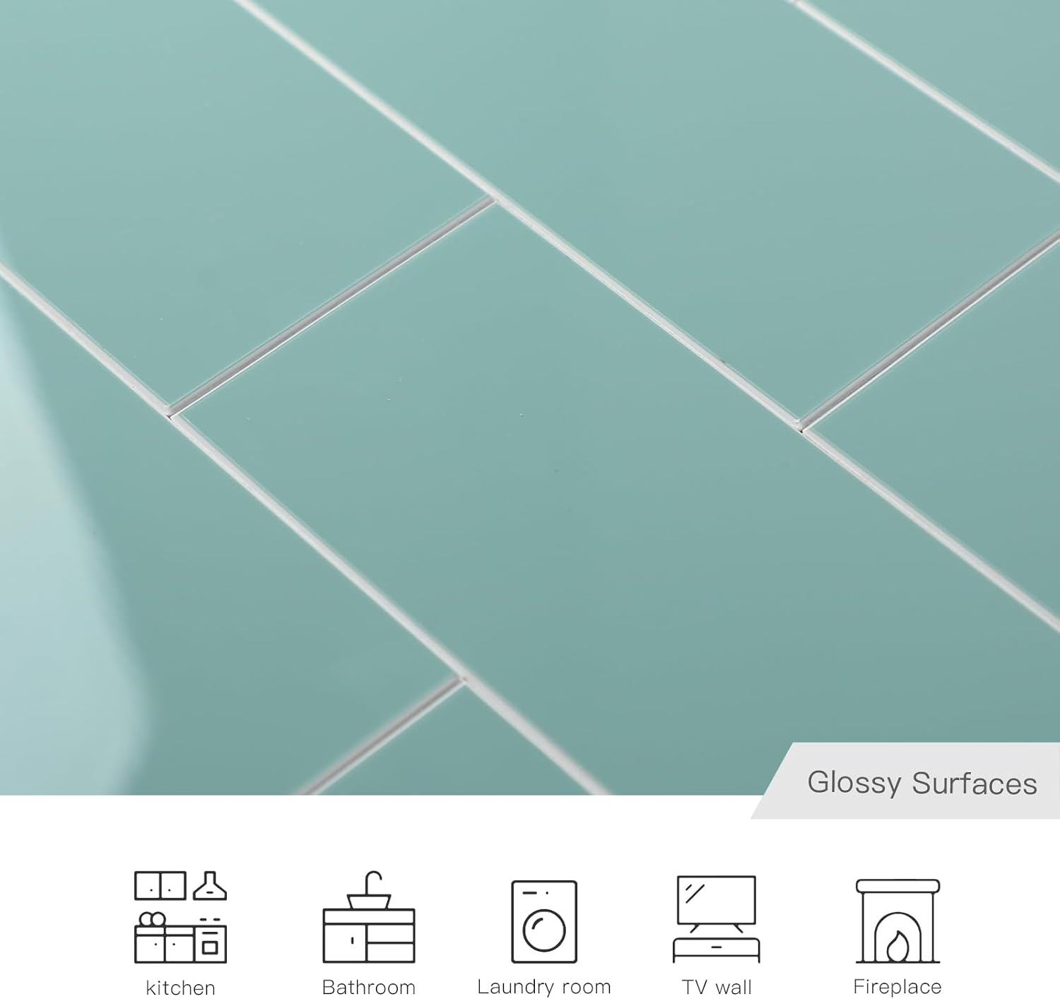 6-Piece Glossy Pure Green Peel and Stick Backsplash Tile, 12''x12'' PVC Subway Tile Stick on Backsplash for Kitchen/Bathroom/Fireplace