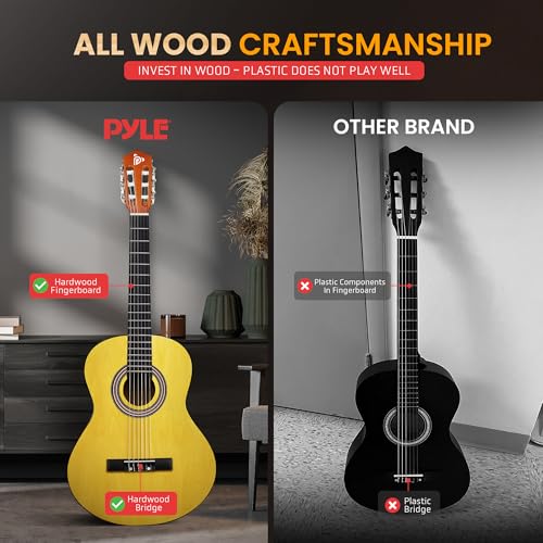 Pyle Beginner Acoustic Guitar Kit, 3/4 Junior Size All Wood Instrument for Kids, Adults, 36" Yellow