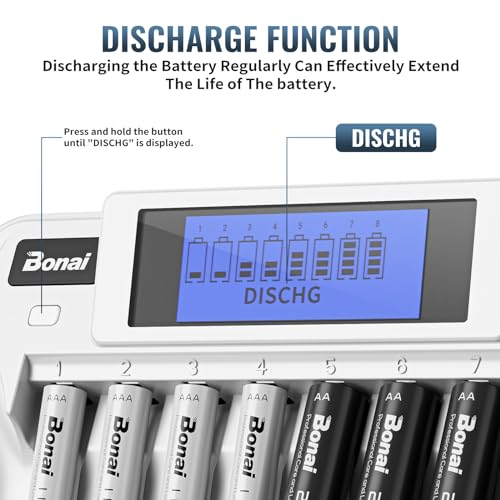BONAI 8+1 Slots Chargeur Piles Rechargeable Universel pour AA/AAA/9V Ni-MH, Écran LCD Intelligent, Charge Indépendante, Fonction de Décharge Intégrée – vue 3