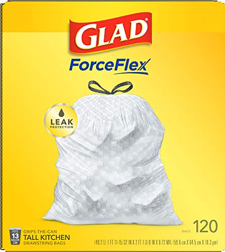 Glad ForceFlex Tall Kitchen Drawstring Trash Bags – 13 Gallon White Trash Bag, Unscented – 120 Count (Package May Vary)
