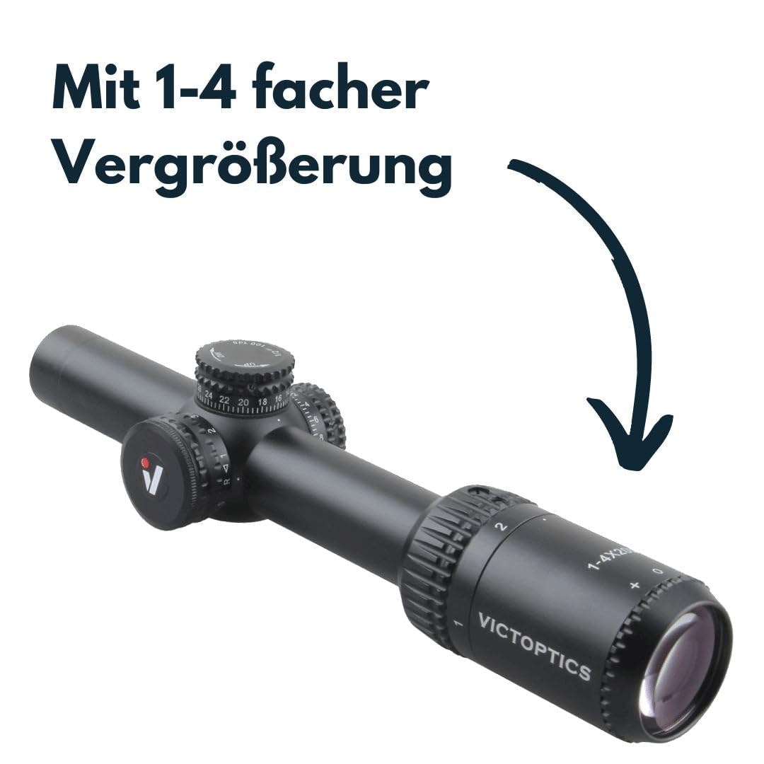 Victoptics OPSL21 X4 luneta celownicza 1-4 x 20 IR do uprawiania sportu, airsoft i polowania, wiatrówka celownicza, celownik karabinowy, zakres Rifle, obszerne akcesoria
