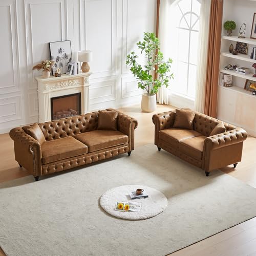 Image of Modern Chesterfield Sofa Set for Living Room, 2 Piece Faux Leather Furniture Sets 3 Seater Couch&Loveseat Sofa with Rolled Arms and Tufted Button, Office, Brown