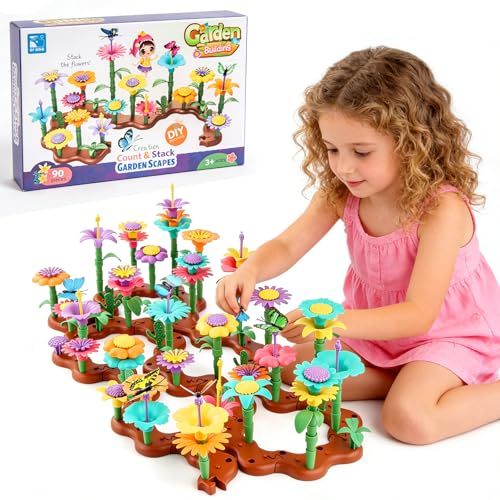Flower Garden Building Toy Set 90PCS Flower Building Blocks DIY Bouquet Kit STEM Creative Garden Construction Toy for Ages 3-7 Indoor Outdoor Floral Assembly Play Set Educational Building Gift