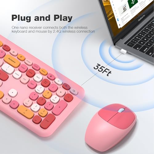Image of KNOWSQT Wireless Keyboard and Mouse Combo, Pale Pink Full-Sized 2.4G Silent Keycap Colorful Keyboards, USB Dongle Plug Play, for Laptop, Windows, PC, Computer, Desktop