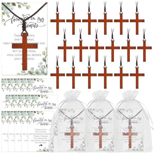 50 Sets Christian Gift Wooden Cross Necklace Bulk for Men Women Wood Cross Pendant Necklace with Prayer Cards Organza Bags for Family Friends Baptismal Church Gift Religious Bible Verse Party Favor