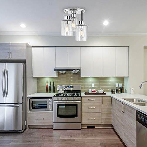 Semi Flush Mount Ceiling Light, 3-Light Close To Ceiling Light Fixtures, Electroplating Chrome Finish With Clear Seeded Glass Shade Chandelier Lighting For Stairs Porch Hallway Entryway Kitchen #TOP6