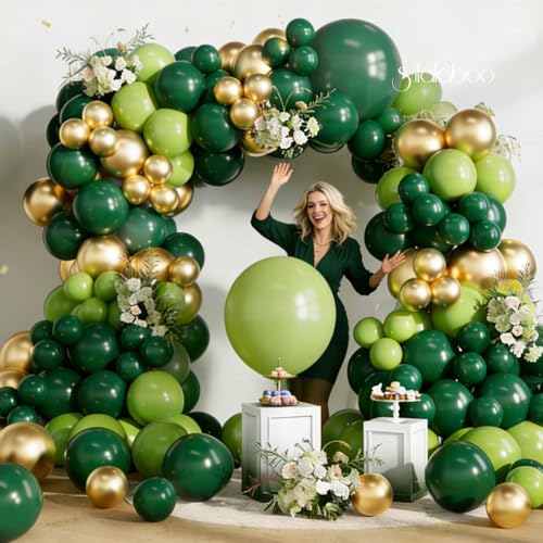 Image of Green Balloons Arch Kit 155Pcs Metallic Gold 18 10 5 Inch | Dark Light Green Balloon Different Sizes Latex Garland for Birthday Anniversary Graduation Jungle Party Decorations