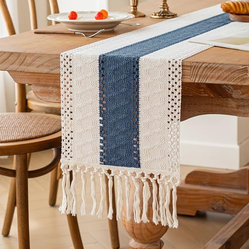 Image of FEXIA Boho Blue Table Runner 60 Inches Long with Tassels Macrame Farmhouse Summer Style Graduation Party Rustic Wedding Baby Shower Dining Kitchen Living Room Decor (12x60 Inches)