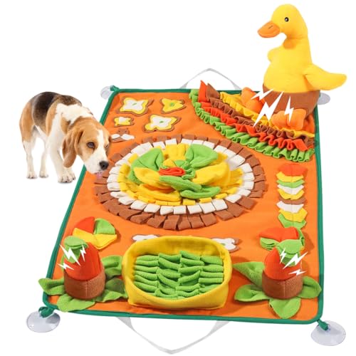 Pawaboo 31''×20'' Alfombrilla Perros, Alfombra Olfativa para Perros con Pato de Peluche Chirriante, Juguete Interactivo para Cachorros, Entrenamiento y Alivio de Estrés, Interior y Exterior, Naranja