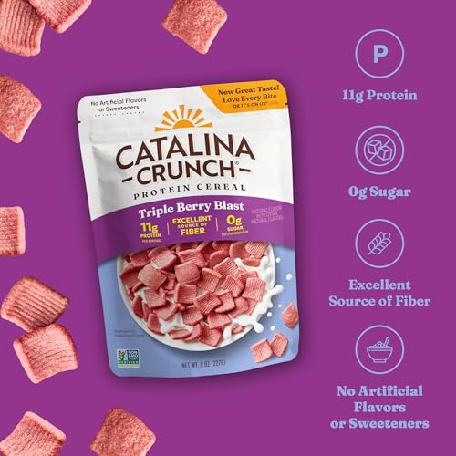 Catalina Crunch Protein Cereal | Sugar Free Breakfast Cereal with 11g of Protein | Gluten Free, Keto Friendly | Triple Berry Blast - 8 oz. Bag (Pack of 4) - Packaging May Vary