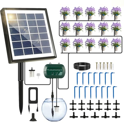 Breeze Touch Solar Drip Irrigation Kit 50FT Automatic Garden Watering System with Timer Draws Water from Container Supports 15 Pots for Balcony Patio Indoor & Outdoor Plants