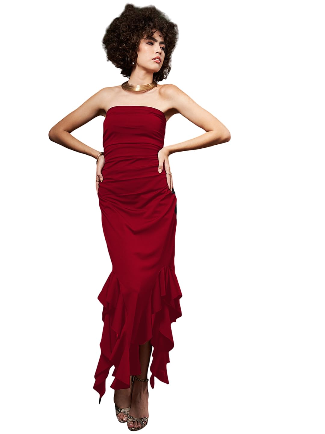 PoshBery Bodycon Maroon Ruffle Strapless Dress