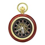 Retro Pocket Watch for Mens Wooden Open face Steampunk Skeleton Mechanical with Chain + Box