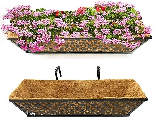 ICoirStream Window Railing Planter Box-2 pcs 24" Black Metal Hanging Flower Planter Window Basket Deck Planter Boxes with Coco Liners for Outdoor Indoor Lawn