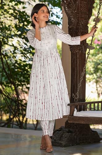 Image of Janasya Women's White Pure Cotton Tie & Dye With Mirror Work A-line Kurta Pant Set