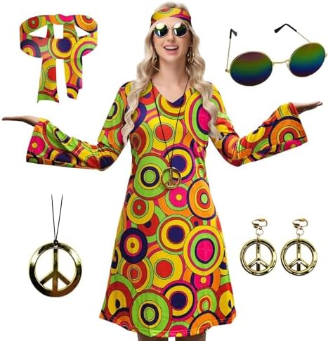 ELFIN Hippiekleding voor dames, V-hals, hippiefeestjurk, jaren 60, 70, hippiekostuum, met bril, haarband, halsketting, oorbellen, disco-outfit dames, carnaval, Halloween, kleurrijk, L