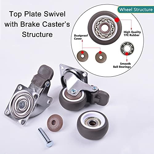 Casoter 1-Inch Castor Combo Set - 2 Swivel & 2 w/Brake, 25mm Brown Soft TPE Rubber Wheel, 4.2mm Bolt Holes, Ball Bearing Moves Smooth, 4 Pack Casters Total Load Capacity 77Lbs/35.2Kg