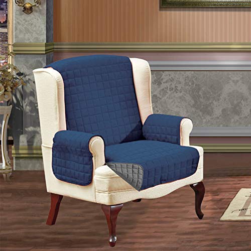 Elegance Linen Reversible Furniture Protector Luxury Slipcover/Furniture Protector Great for Pets & Children with Straps to Prevent Slipping Off, Wing Chair, Navy Blue/Gray