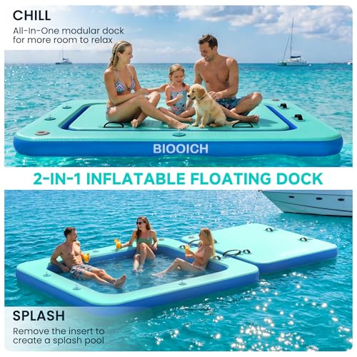 BIOOICH 2 in 1 Inflatable Floating Dock, 8.2FTx7.2FT Floating Mat with Mesh Swim Area & Portable Pool Island Platform with Air Pump, Repair Kit, Storage Bag & Linking Ropes for Swimming, Lake, Beach — view 2