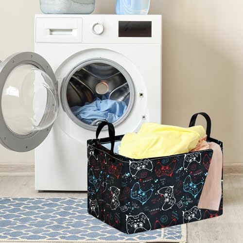 Image of Rectangular Game Controller Storage Basket with Handles, Hamper Storage Basket Collapsible Organizer Bin for Home and Kitchen Storage