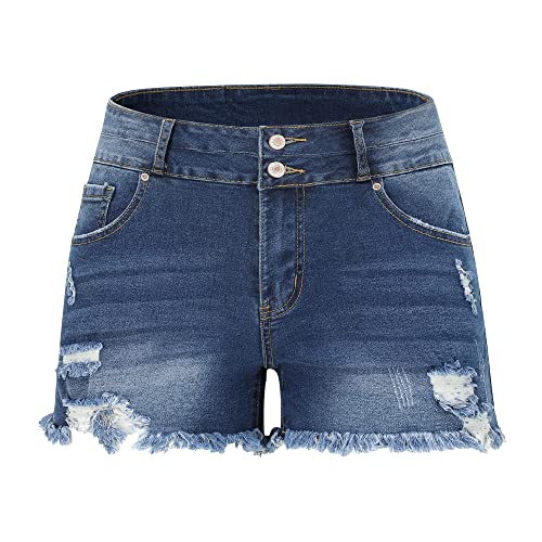 Image of THUNDER STAR Women Mid Rise Ripped Stretchy Jeans Shorts Frayed Raw Hem Casual Denim Shorts