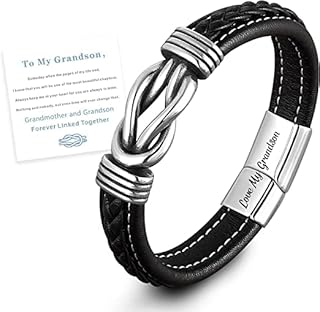 To My Grandson Leather Bracelet -Grandmother and Grandson Forever Linked Together, Men's Stainless Braided Leather Bracelet ,Best Graduation Birthday Gifts for Grandson, no gemstone