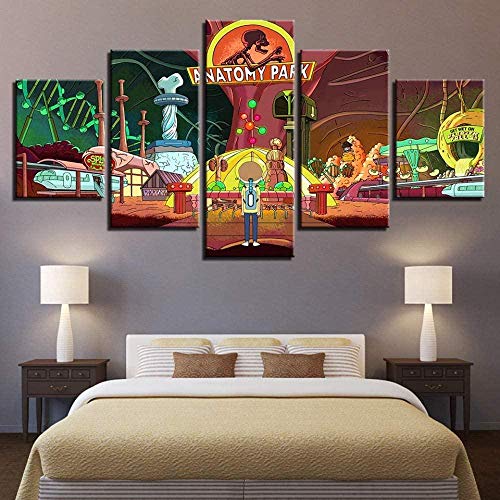 5 piezas de pintura de lienzo de arte para pared, cuadros de dibujos animados modulares de Rick y...