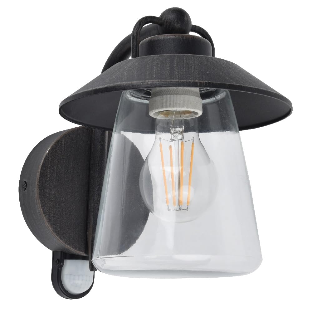 Britalia Outdoor Wall Light with PIR Sensor, Swan Neck Down Lantern, 22cm x 17.6cm x 22.4cm, Black Rust, Aluminium, Vintage Style, Clear Glass