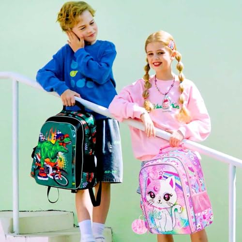 KLFVB 3PCS Cat Uni Dinosaur Backpack for Girls and Boys, 16" Kids Bookbag and Lunch Box, Preschool Backpacks for Elementary2