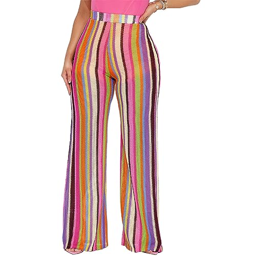 Women's Striped Knitted Crochet Wide Leg Pants High Waist Straight Leg Palazzo Pants2