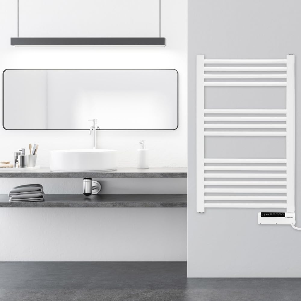 TROTEC Scaldasalviette elettrico TWH 500 S - 500 W, montaggio a parete, design a tubo piatto bianco, funzionamento silenzioso, IPX4, ideale per bagno e WC per ospiti