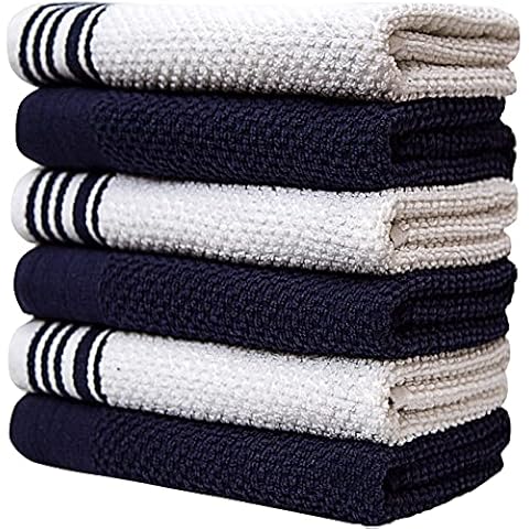 Premium Kitchen Towels (16”x 28”, 6 Pack) – Large Cotton Kitchen Hand Towels – Weft Insert Design – 380 GSM Highly Absorbent Tea Towels Set with Hanging Loop (Navy Blue) Cover