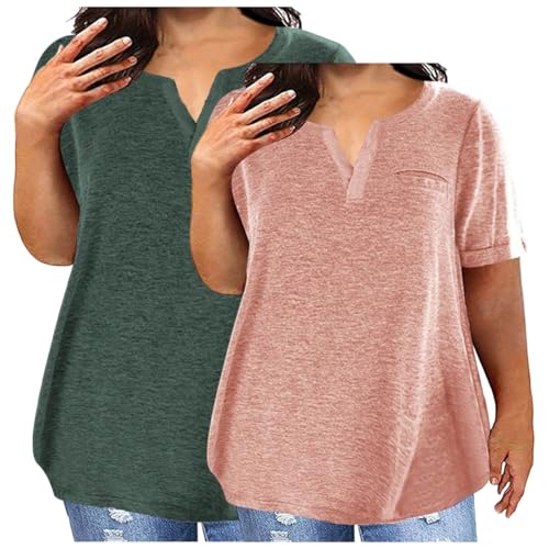 2 camisetas casuales de moda para mujer, cuello en V, manga corta, holgada, para uso diario, primavera, verano, tallas grandes, rosa, 5XL