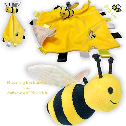 Image of Yelllow Baby Bee Plush Comfort Security Tag Taggy Blanket and 5" Plush Toy Stuffed Bee