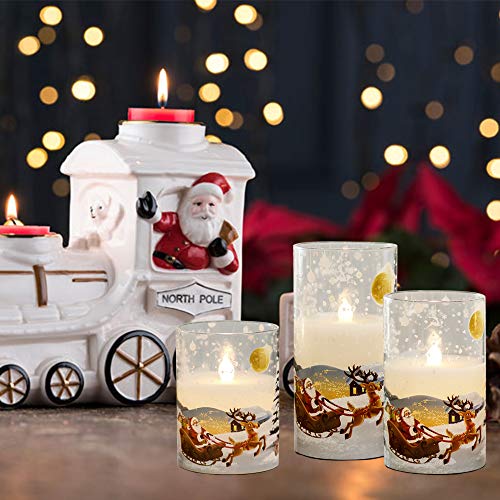 Image of Wondise Santa Claus Glass Flameless Candles Remote and Timer, Battery Operated Real Wax LED Flickering Pillar Candles White Cold Light Window Christmas Holiday Decor D3 x H4, 5 inch, 6 inch