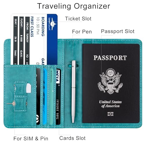 Image of WALNEW Passport Holder for Travel, RFID Passport Cover Wallet for Women Men, PU Leather Passport Book Card Holder Case with Pen (Elastic Band Closure, C-Blue)