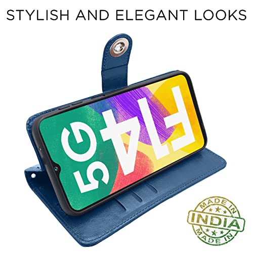 Image of Pikkme Samsung Galaxy F14 5G Flip Cover Leather Finish | Inside TPU with Card Pockets | Wallet Stand and Shock Proof | Complete Protection Button Flip Case (Blue)