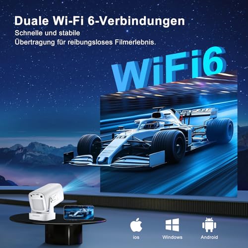 Mini Beamer Salange,4K Unterstützung 1080P Autofokus Projektor,Projektor Tragbarer mit WiFi 6 und Bluetooth 5.4, Auto Trapezkorrektur,180°Verstellbarer Ständer, Smart Beamer Android 11.0 Heimkino