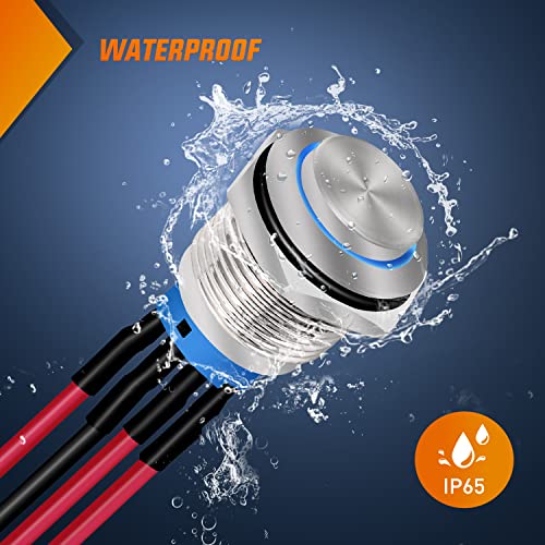 Image of Nilight 12mm 12V Latching Push Button Switch Pre-Wired LED 5 Pack Kit | IP67 waterproof SPDT latching design with LED indicator, 12mm mounting, and 8 inch pigtail wires for easy setup